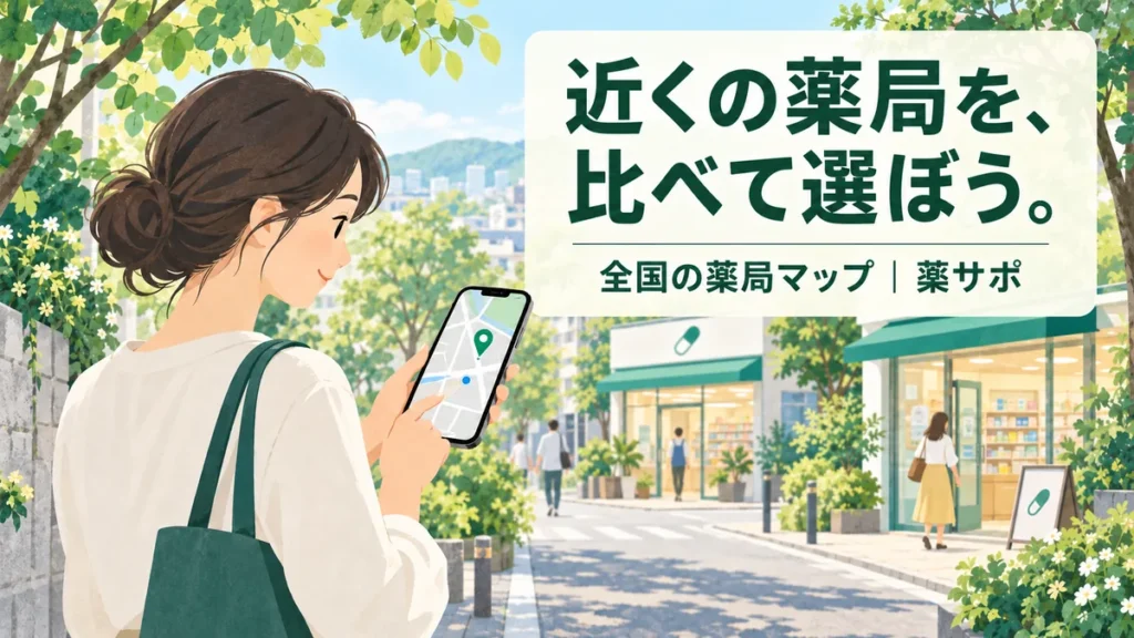 スマートフォンで近くの薬局を探す女性のイラスト。近くの薬局を、比べて選ぼう。全国の薬局マップ｜薬サポ