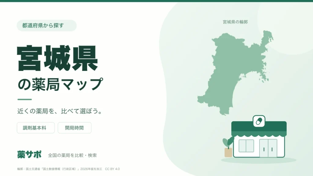 宮城県の薬局マップ。宮城県の輪郭と薬局のイラスト