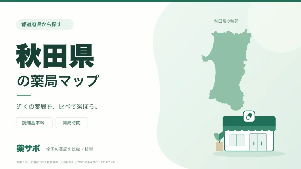 秋田県の薬局マップ。秋田県の輪郭と薬局のイラスト