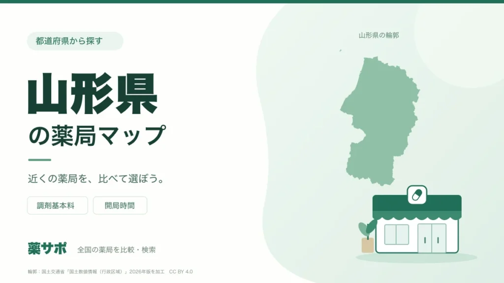 山形県の薬局マップ。山形県の輪郭と薬局のイラスト