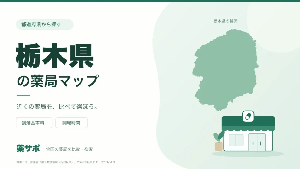 栃木県の薬局マップ。栃木県の輪郭と薬局のイラスト