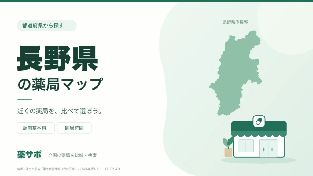 長野県の薬局マップ。長野県の輪郭と薬局のイラスト