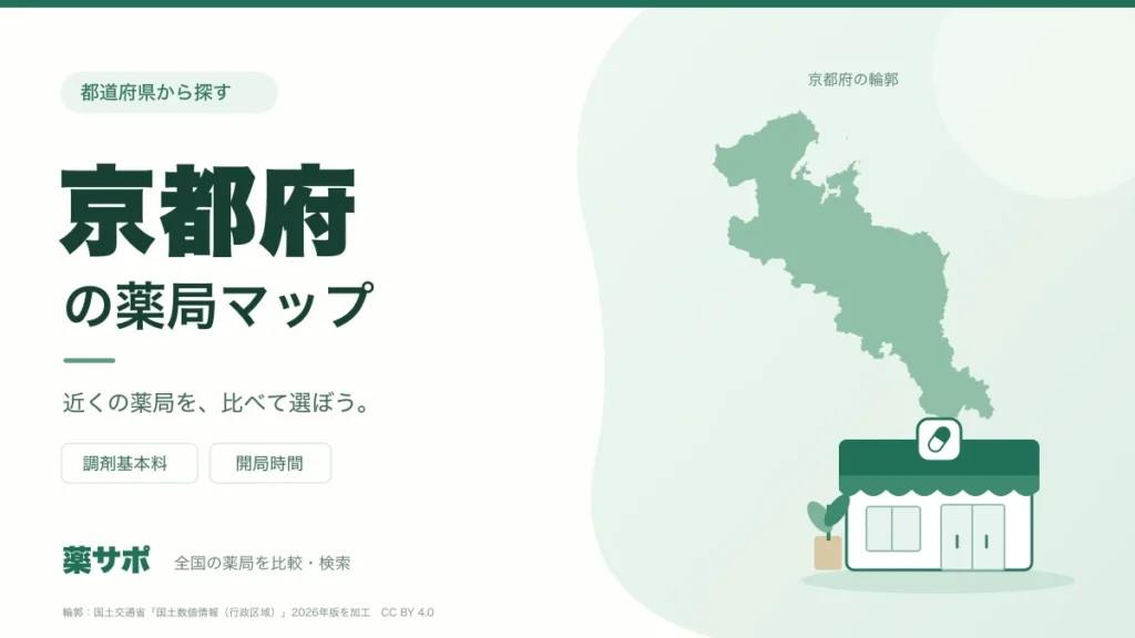京都府の薬局マップ。京都府の輪郭と薬局のイラスト