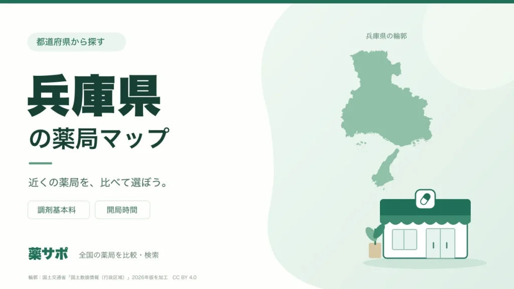 兵庫県の薬局マップ。兵庫県の輪郭と薬局のイラスト