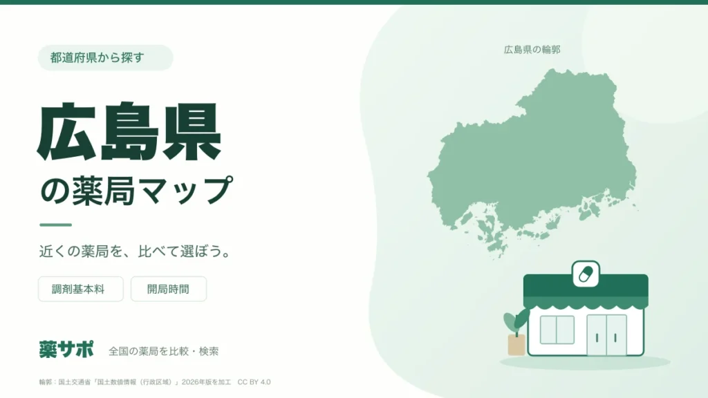 広島県の薬局マップ。広島県の輪郭と薬局のイラスト