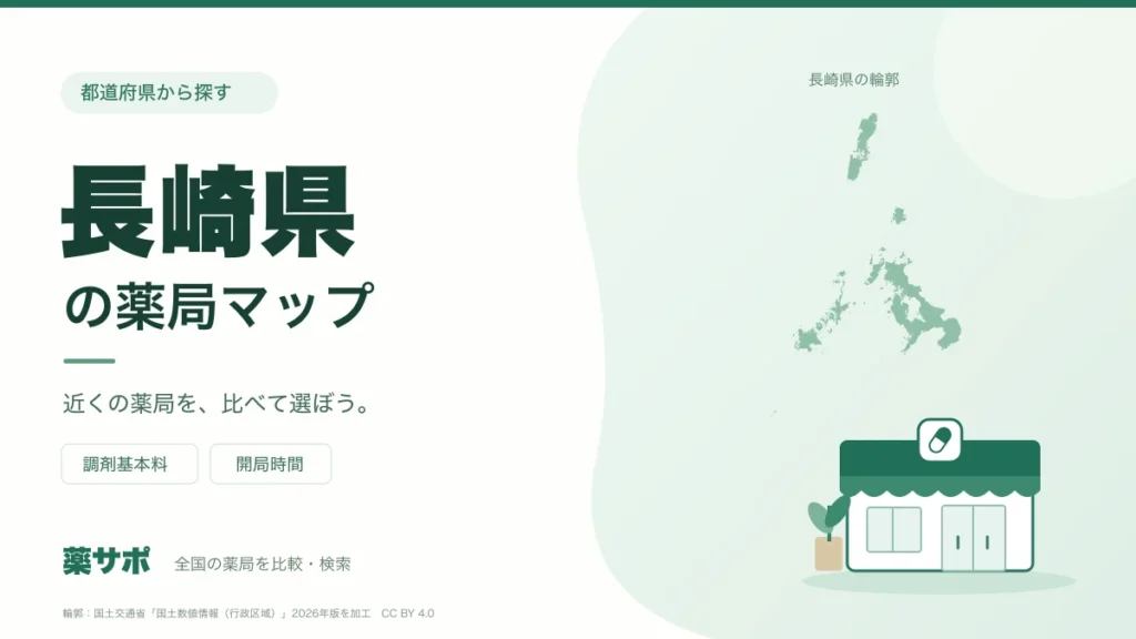 長崎県の薬局マップ。長崎県の輪郭と薬局のイラスト