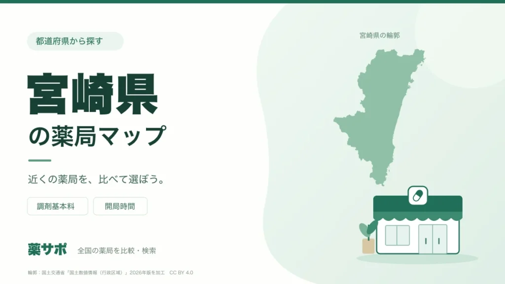 宮崎県の薬局マップ。宮崎県の輪郭と薬局のイラスト