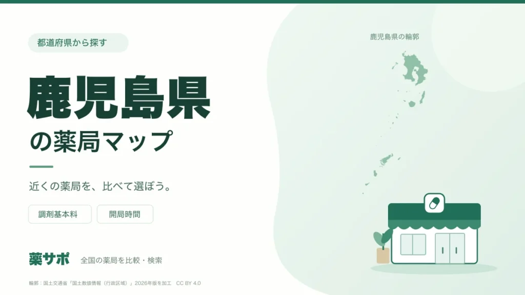 鹿児島県の薬局マップ。鹿児島県の輪郭と薬局のイラスト